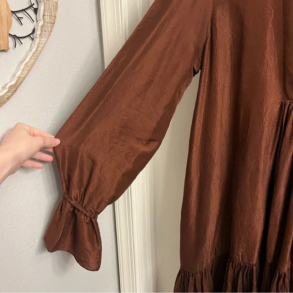 Azeeza Raw Silk Thistle Long Sleeve Mini Dress Brown Size XL